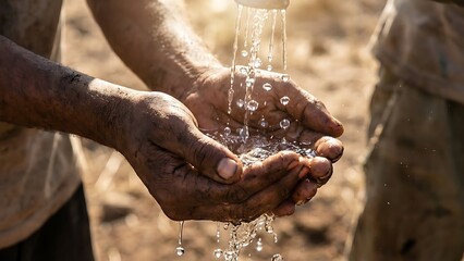 Cupped, dirty hands catching fresh, clean water, a poignant symbol of life, resilience, and the universal challenge of ensuring sustainable access to vital natural resources