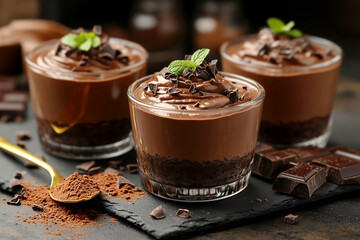 Mini chocolate desserts garnished with cocoa and mint. Styled mousse on slate board. Highlight luxury dessert aesthetics, gourmet quality, refined fine dining presentation, upscale culinary style.