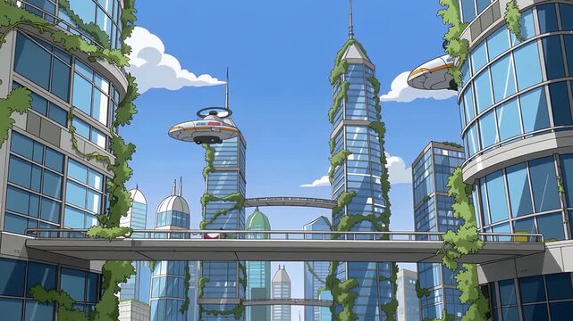 Futuristic city skyline with skybridges and hovering vehicles.