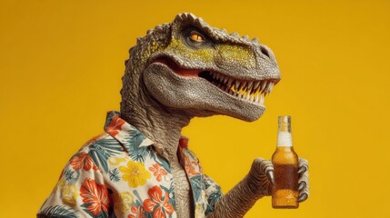 Dinosaur in a floral shirt holds a drink against a yellow background during a summer gathering