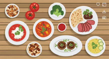 Top Down View of Healthy Traditional Meals Featuring Roasted Meat Stews Flatbread Rice Broccoli and Fresh Tomatoes on a Wooden Table Background
