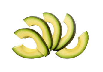 Fresh, ripe green avocado slices with creamy light green flesh, fanned out on a transparent background, a macro flat lay studio shot, concept of healthy natural food