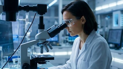 Dedicated female scientist in safety glasses and lab coat, side profile, carefully examining samples under a microscope in a high-tech research laboratory