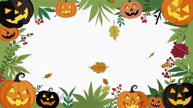 Festive Halloween Pumpkin Border Frame With Autumn Leaves.