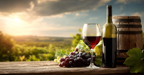 Red wine glass bottle grapes vineyard wooden barrel sunset countryside landscape relaxing atmosphere