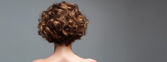 Woman with curly hair poses against a plain background showing the back of her head during a studio session in the afternoon light