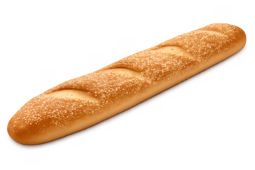 Baguette with golden crust and flour, traditional crusty french bread loaf, fresh baked bakery food on transparent background
