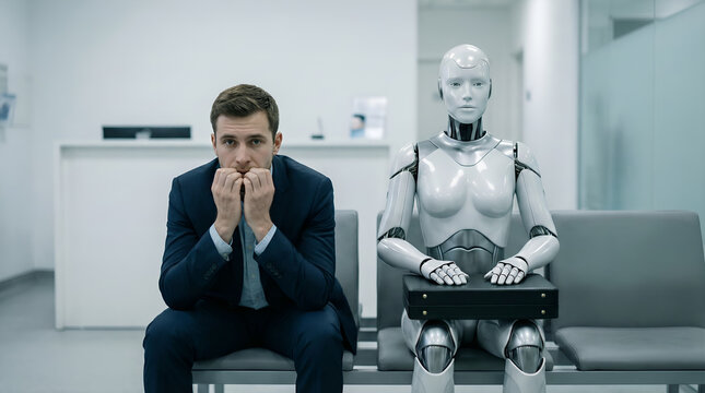 Anxious businessman sitting next to humanoid robot in office waiting room illustrating AI job loss fear and job replacement competition