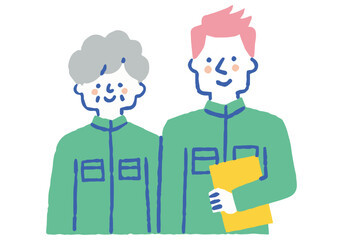 Elderly women and young men in work clothes lined up_color