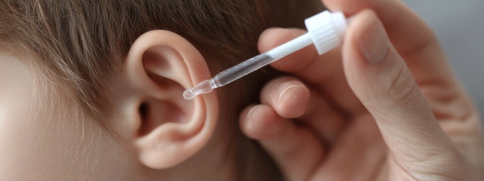 Putting ear drops into a child's ear at home during the afternoon for health care needs