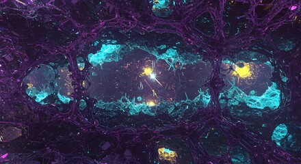Abstract and intricate cell structure image with vibrant glowing colors and a space-like vibe. This image highlights the beauty within us