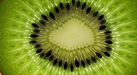 Closeup of a kiwi fruit slice revealing its bright green pulp black seeds and central core