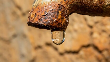 A glistening, precious water drop hangs from the heavily corroded spout of an old, rusty pipe, highlighting the critical need for water conservation and infrastructure repair
