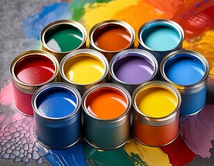 vibrant open paint cans display a rainbow of colors on a textured artistic surface