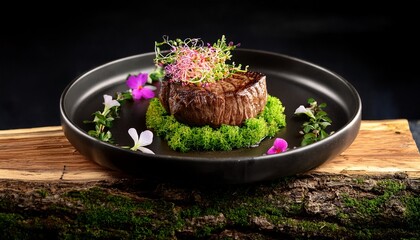 a refined gourmet steak dish elegantly plated with fresh microgreens moss and edible flowers on a black plate atop a rustic log