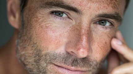 Fototapeta premium Man gazes with clear eyes while touching his face indoors in well-lit space during daytime