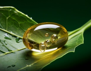 wet clear capsule with golden liquid and bubbles on a dark green lobed plant leaf