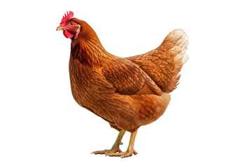 Fototapeta premium Adult brown hen, reddish plumage, red comb and wattles, standing left on a seamless transparent background with copy space, poultry farming concept