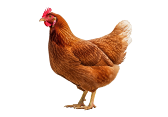 Adult brown hen, reddish plumage, red comb and wattles, standing left on a seamless transparent background with copy space, poultry farming concept