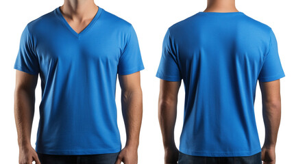 front and back view Man wearing blue V-neck T-shirts