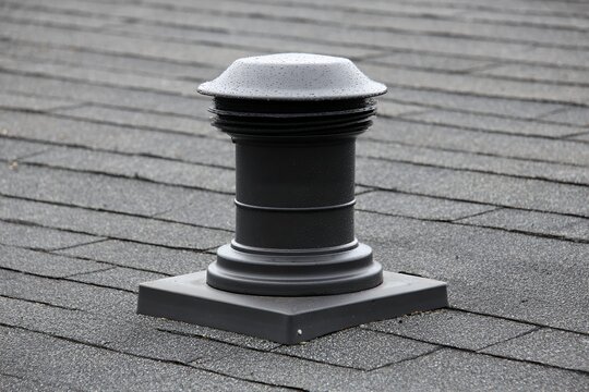 Black plastic plumbing vent installed on gray shingle rooftop