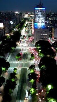 Illuminated Avenue In Buenos Aires Argentina. Stunning Landscape Of Highway Road Viewed From Above. Building Metropolitan Skyline Commercial Building Stunning. Commercial Building Night.