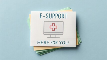 Flat lay of e-support papers showing medical digital services