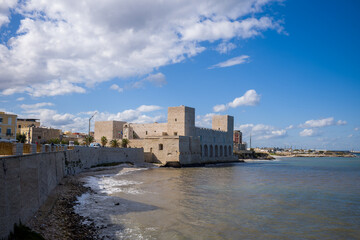 A robust stone castle with square towers stands along the waterfront in Trani, Italy, bordered by the Adriatic Sea. The historic fortress is highlighted by textured masonry, palm trees, and a bright