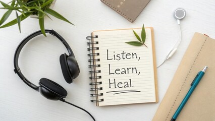 Headset resting on a notebook with an inspirational message