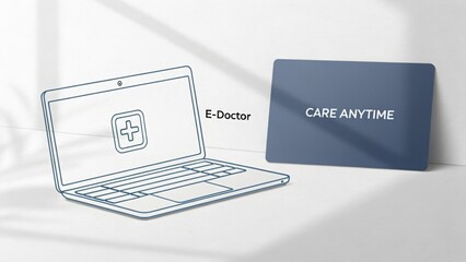 Minimal design featuring a laptop and a medical care card