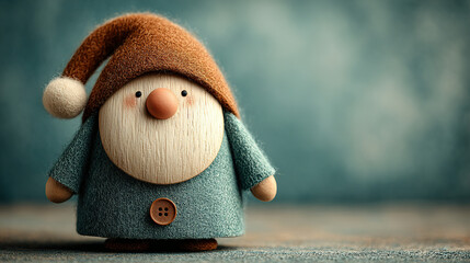 Cute handcrafted elf doll with a brown hat and teal outfit.