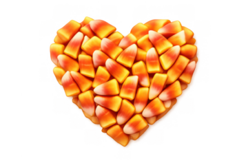 Candy corn heart shape representing autumn sweetness and halloween holiday love, isolated on transparent background