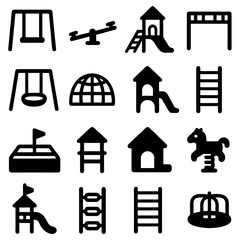 Playground Equipment: Playful and varied playground equipment for leisure. Including swings, seesaws, slides, climbing frames, and a carousel. Symbols, illustrations.
