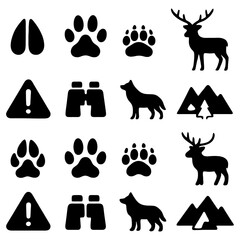 Iconic Wilderness: A collection of simple silhouette icons representing the wonders of wildlife and nature, perfect for illustrating the great outdoors and all its wonders.