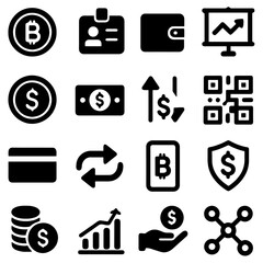 Digital Finance: A collection of concise, modern icons representing the core aspects of digital finance, suitable for various financial or technological applications.