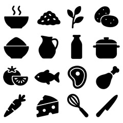 Culinary Essentials: A graphic arrangement showcases various icons representing essential ingredients and tools, including a steaming bowl of soup, a mound of rice, sprigs, potatoes, a pitcher.