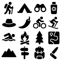 Outdoor Adventure Icons: A collection of simple, yet bold black icons, perfectly representing the spirit of outdoor adventures, from hiking to camping, mountain biking, skiing, and more.