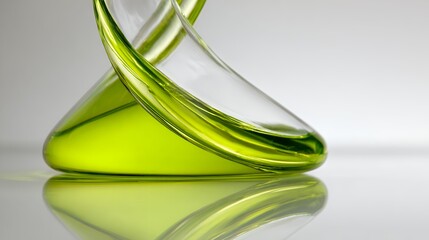 Abstract green liquid swirling in a clear glass vessel with reflections