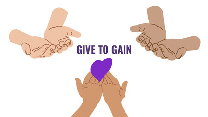 Give To Gain International Women Day Equality Through Generosity empower. Generosity as a path to gender equality. For ads web design marketing, and social campaigns. vector illustration.