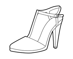 T bar pump women heel single line pair. Strap front vintage dress footwear for evening event, classic pinup style. Technical illustration, CAD mockup, clean vector men unisex isolated romantic style.