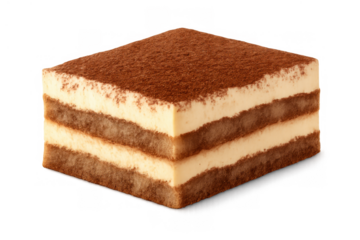 Tiramisu cake slice with creamy mascarpone, coffee-soaked ladyfingers, and cocoa dusting, traditional italian sweet. Transparent background