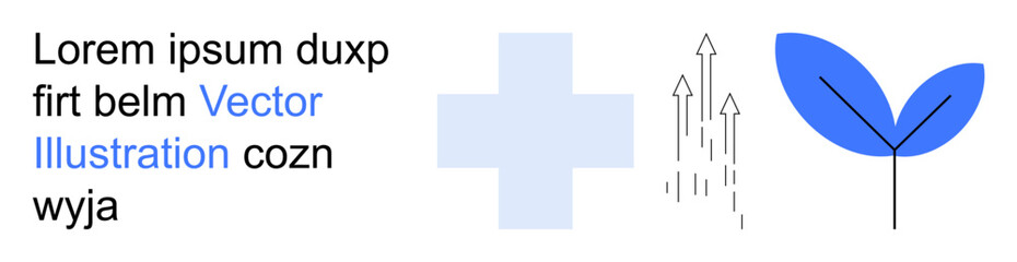 Obraz premium Growth, healthcare, innovation, nature, progress, future development. A cross and a blue leaf with arrows pointing upwards. Growth and healthcare innovation theme visually