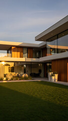 Vertical view of a modern luxury house exterior at sunset