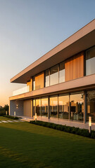 Vertical view of a modern luxury house exterior at sunset