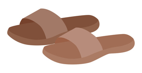 Brown slide sandal shoe women flat pair. One strap open toe sandal for beach bar hotel terrace. Technical fashion illustration CAD mockup soft vector man unisex isolated contemporary style.