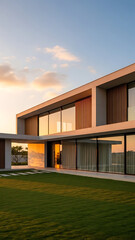Vertical view of a modern luxury house exterior at sunset