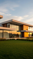 Vertical view of a modern luxury house exterior at sunset