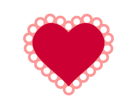 Paper or textile red heart shape with ruffles borders. Template for Valentine Day card, tag or label with lace edges isolated on white background. Vector flat illustration.