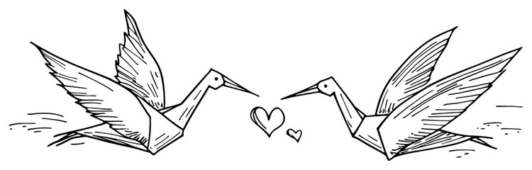Obraz premium Sketch of two paper origami cranes in love facing each other