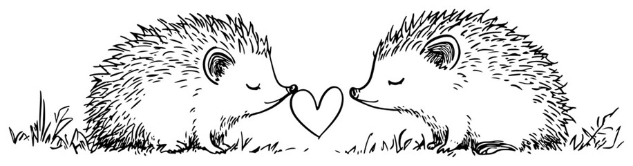 Two cute hedgehogs in love kissing with a heart in a sketch style © Kaz